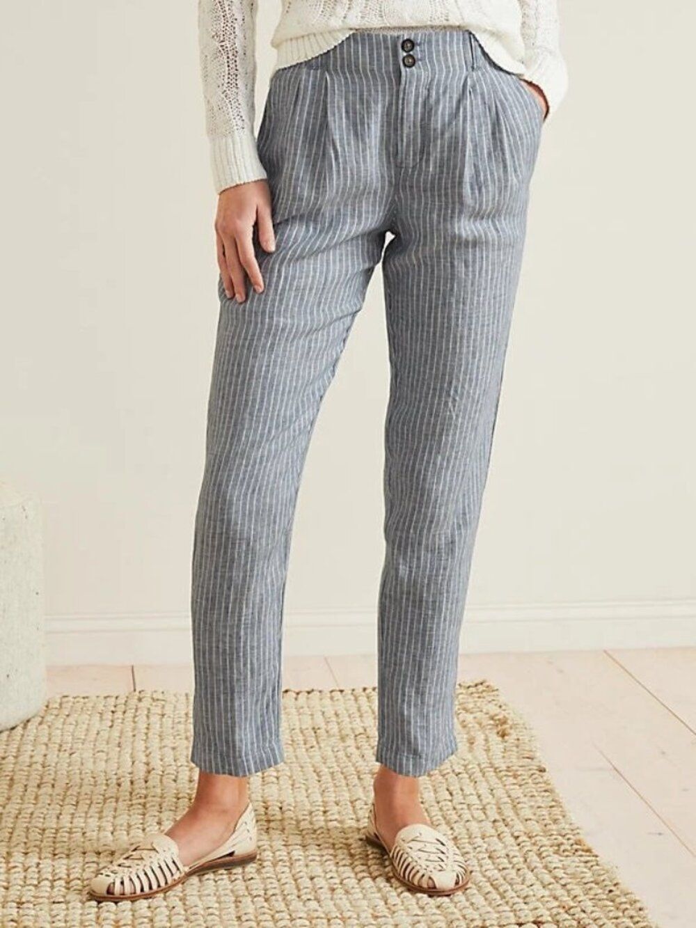 Garnet Hill Straight Leg 100% Linen Trouser Pant Sz 8 Sky Mini Stripe Blue Work